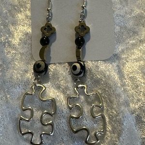 Puzzle Earrings Dangling with Hematite moon & star with Crazy Eye bead. Cute!
